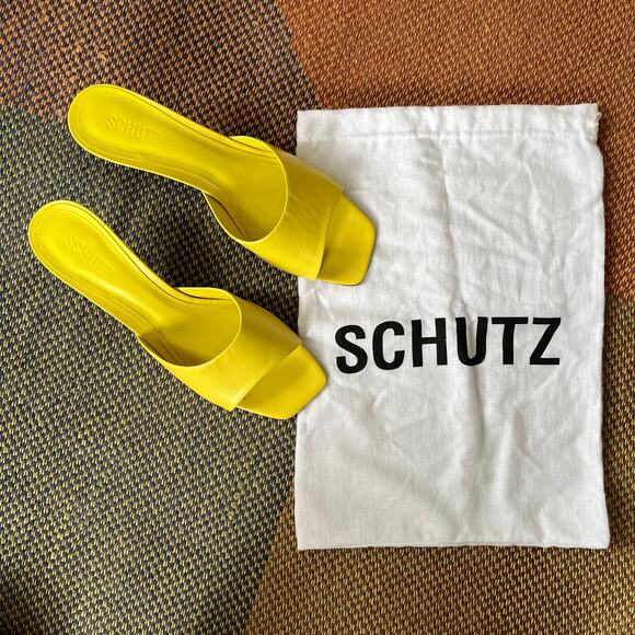 Schutz Dethalia Leather Mules Heels in Citrus Yellow - Picture 3 of 9